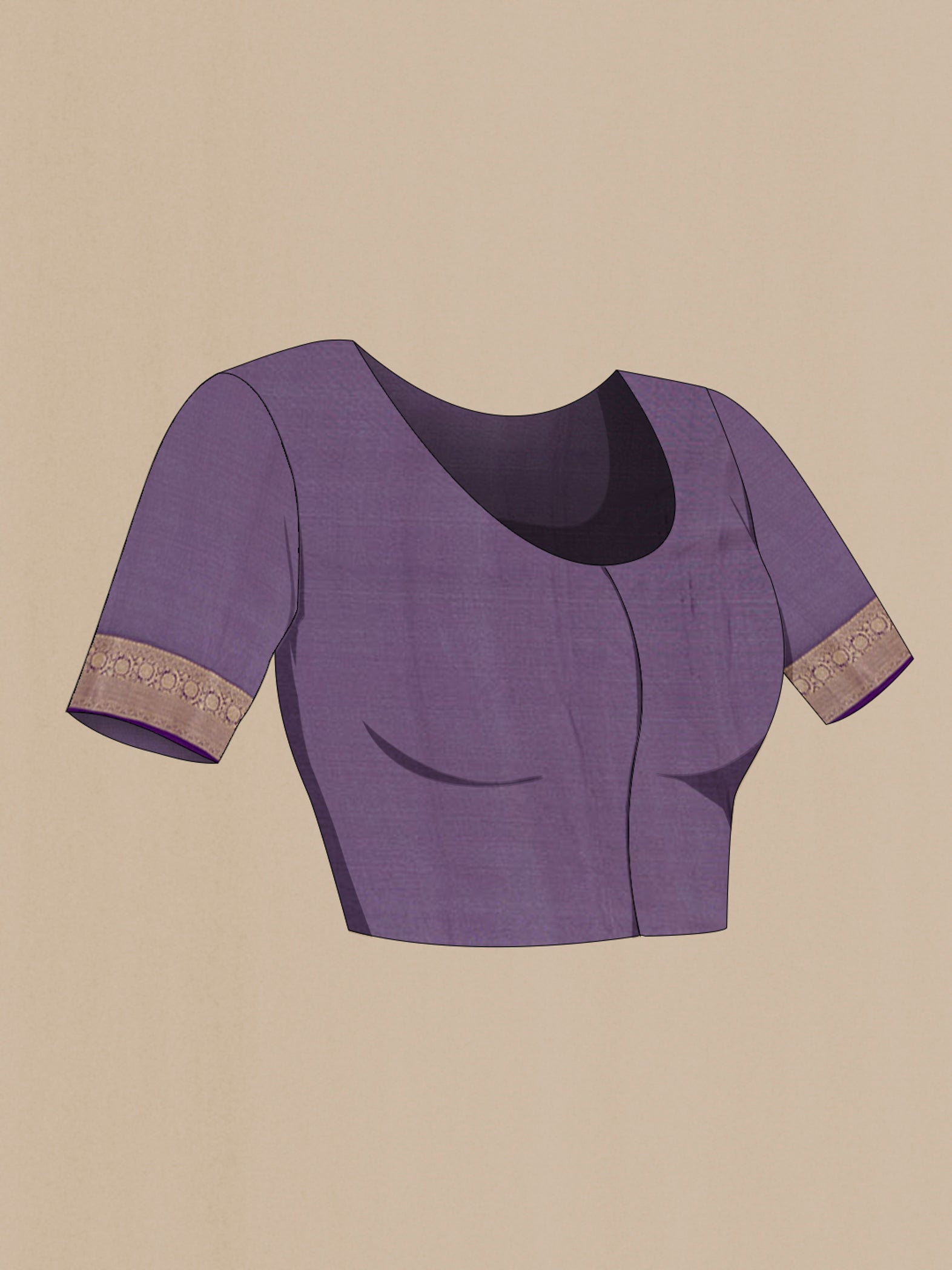 Close up image of the blouse of Violet Mysore Crepe Saree with Zari Brocade on the body and Zari Border. 