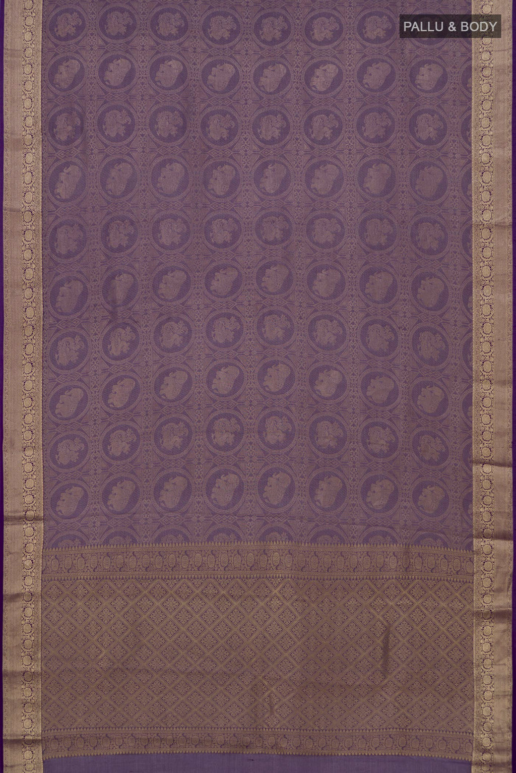 Flat view of Violet Mysore Crepe Saree with Zari Brocade on the body and Zari Border. 