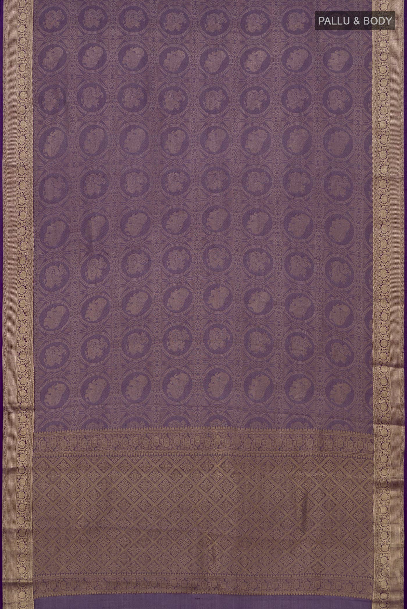 Flat view of Violet Mysore Crepe Saree with Zari Brocade on the body and Zari Border. 