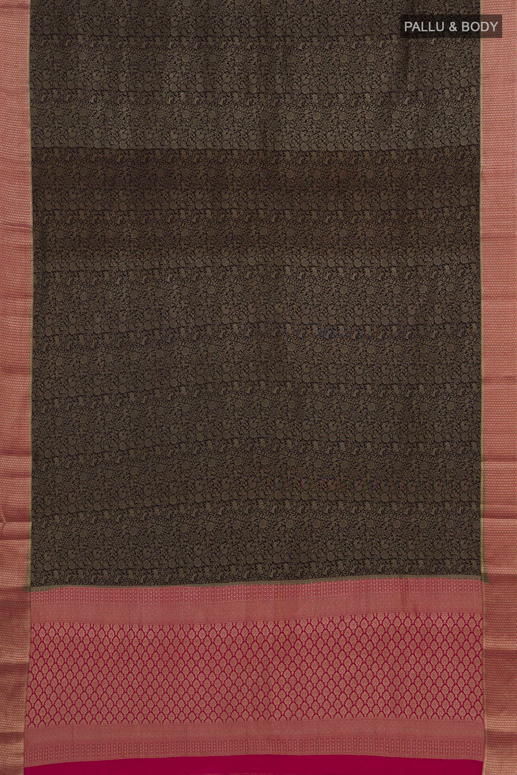 Flat view of Black Mysore Crepe Saree with Zari Brocade on the body and Zari Border. 