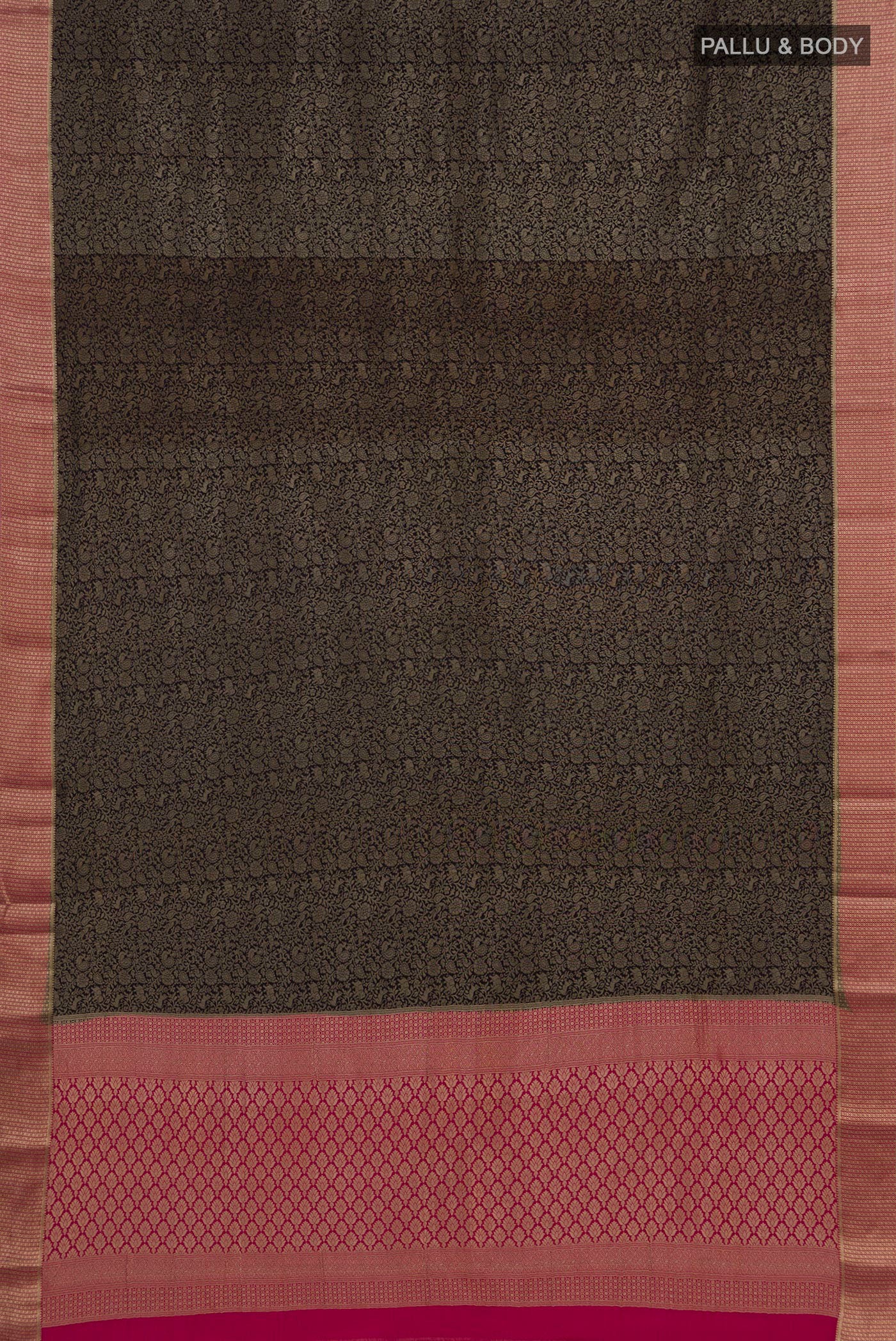 Flat view of Black Mysore Crepe Saree with Zari Brocade on the body and Zari Border. 