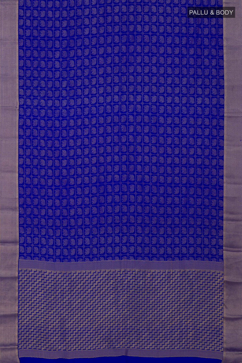 Flat view of Royal Blue Mysore Crepe Saree with Zari Brocade on the body and Zari Border. 