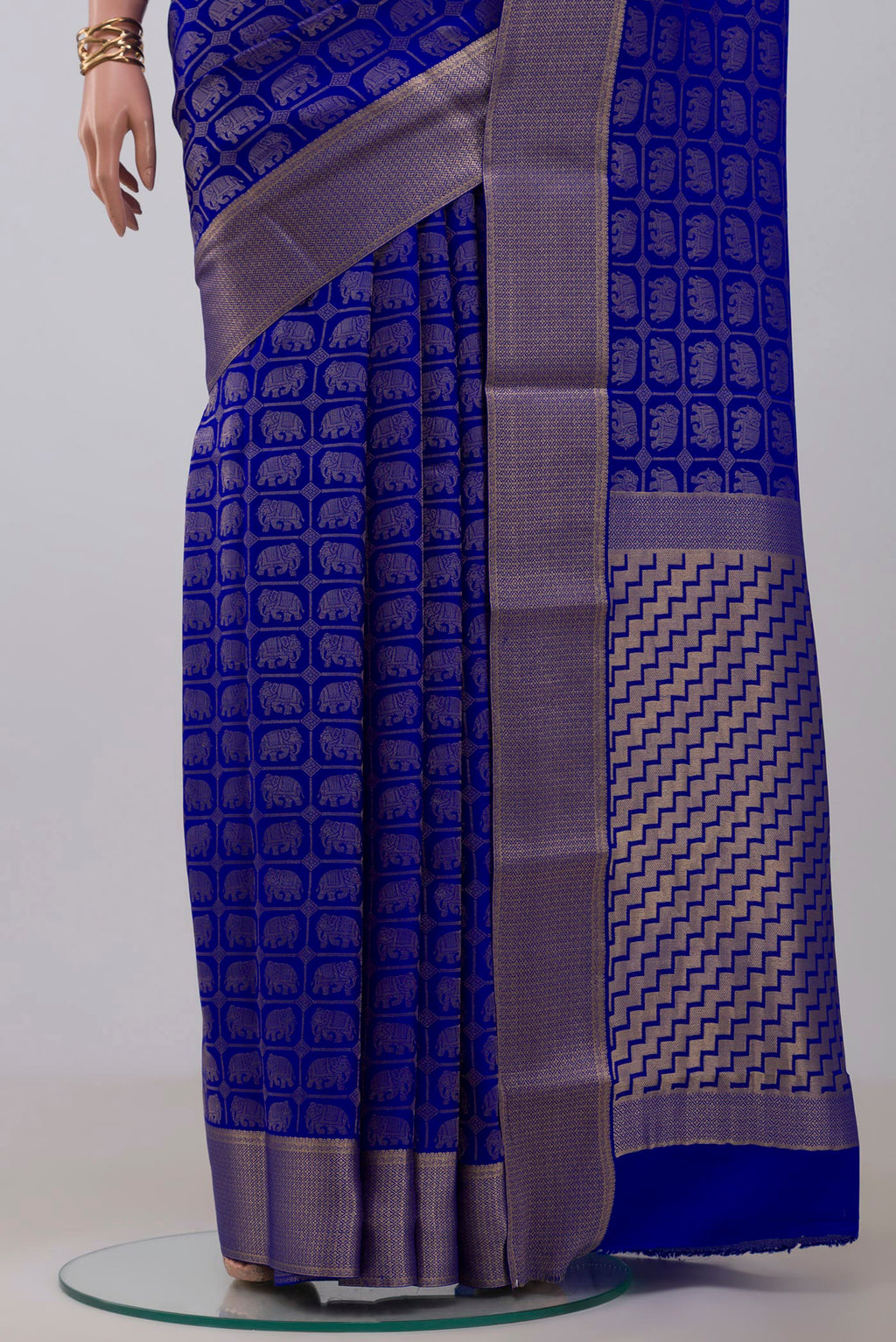 Pleats and pallu of Royal Blue Mysore Crepe Saree with Zari Brocade on the body and Zari Border. 