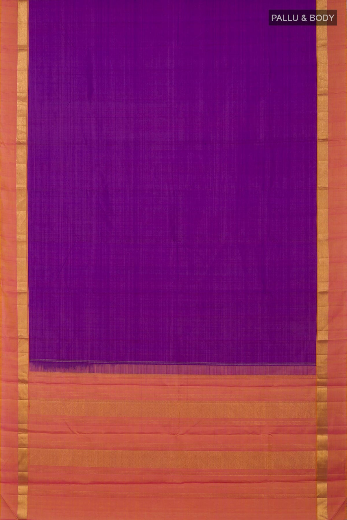 Flat view of Purple Kanjivaram Silk Saree with Plain Body and Zari Border. 