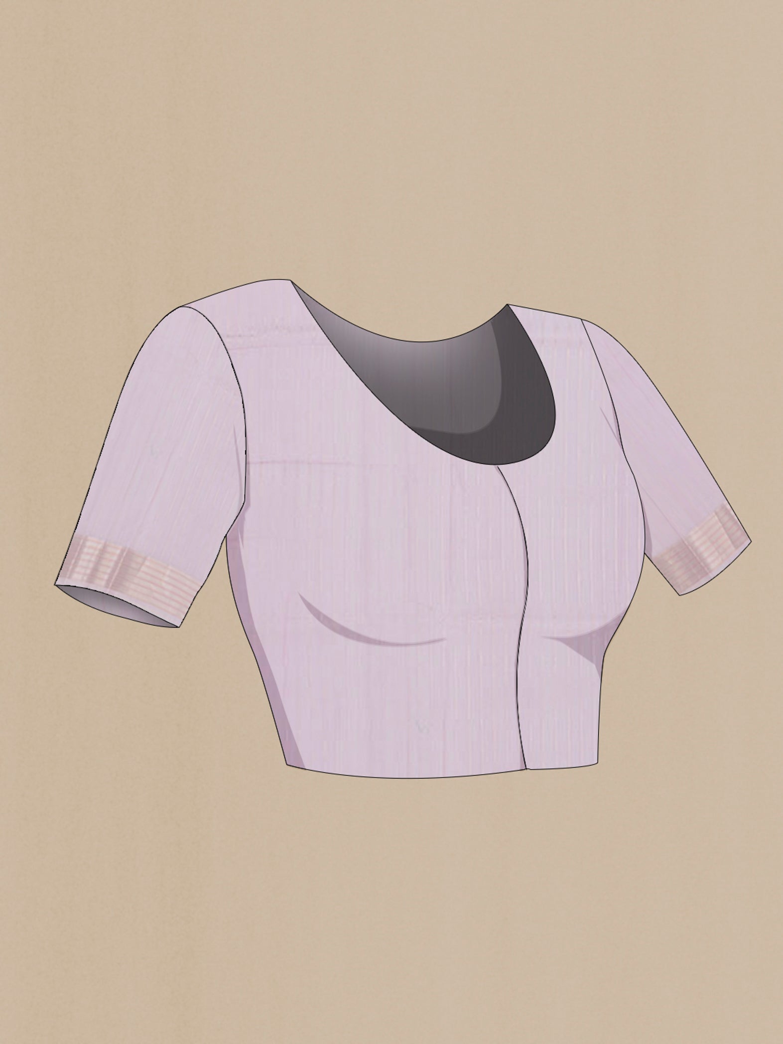 Close up image of the blouse of Lavender Kora Cotton Saree with Zari Butta on the body and Thin Zari Line. 