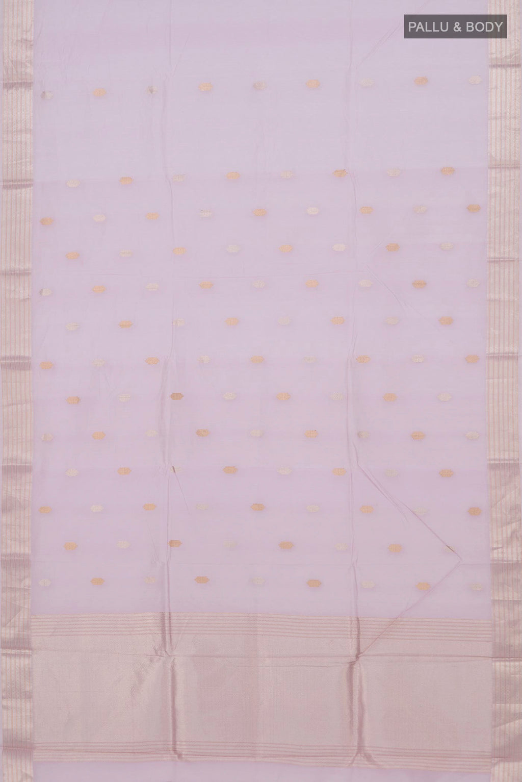 Flat view of Lavender Kora Cotton Saree with Zari Butta on the body and Thin Zari Line. 