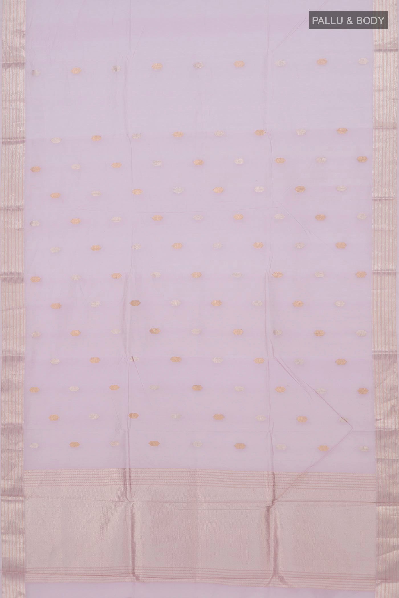 Flat view of Lavender Kora Cotton Saree with Zari Butta on the body and Thin Zari Line. 