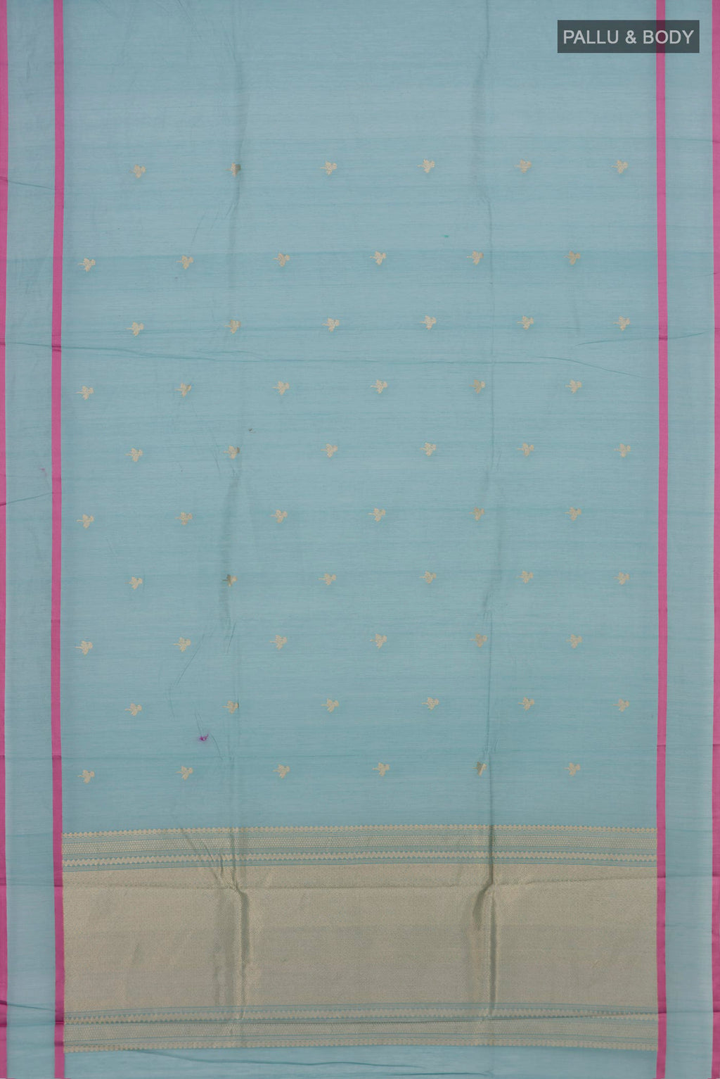 Flat view of Blue Kora Cotton Saree with Zari Butta on the body and Thin Zari Line. 