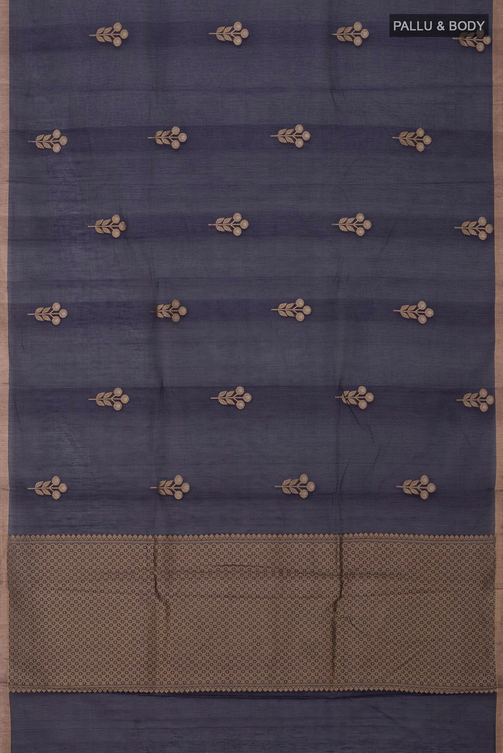 Flat view of Navy Blue Banarasi Kora Cotton Saree with Zari Butta on the body and Zari Border. 