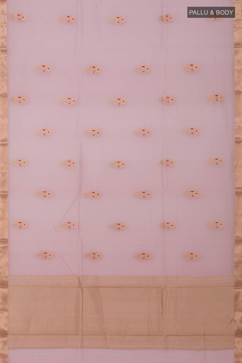Flat view of Pink Banarasi Kora Cotton Saree with Zari Butta on the body and Zari Border. 