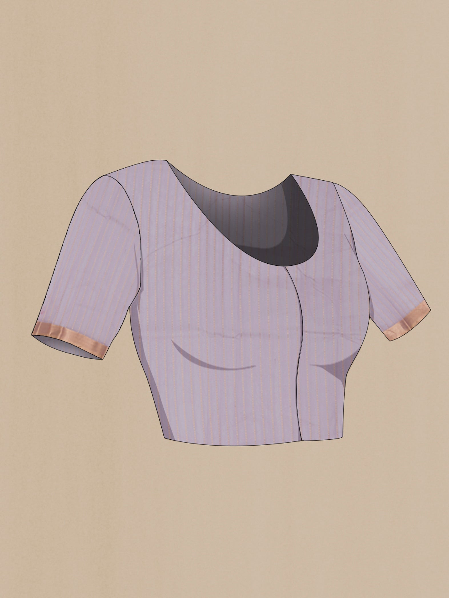 Close up image of the blouse of Lavender Banarasi Kora Cotton Saree with Zari Butta on the body and Zari Border. 