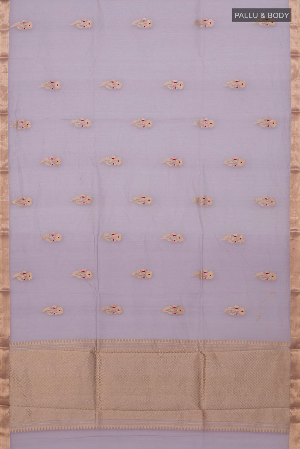 Flat view of Lavender Banarasi Kora Cotton Saree with Zari Butta on the body and Zari Border. 
