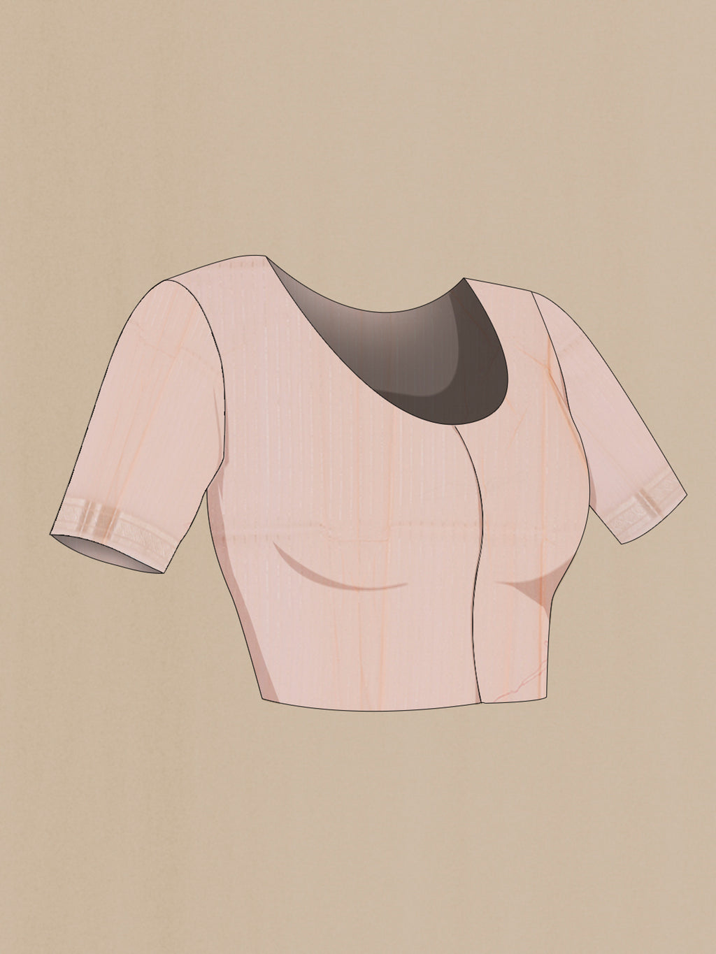 Close up image of the blouse of Peach Chanderi Silk Cotton Saree with Zari Butta on the body and Zari Border. 