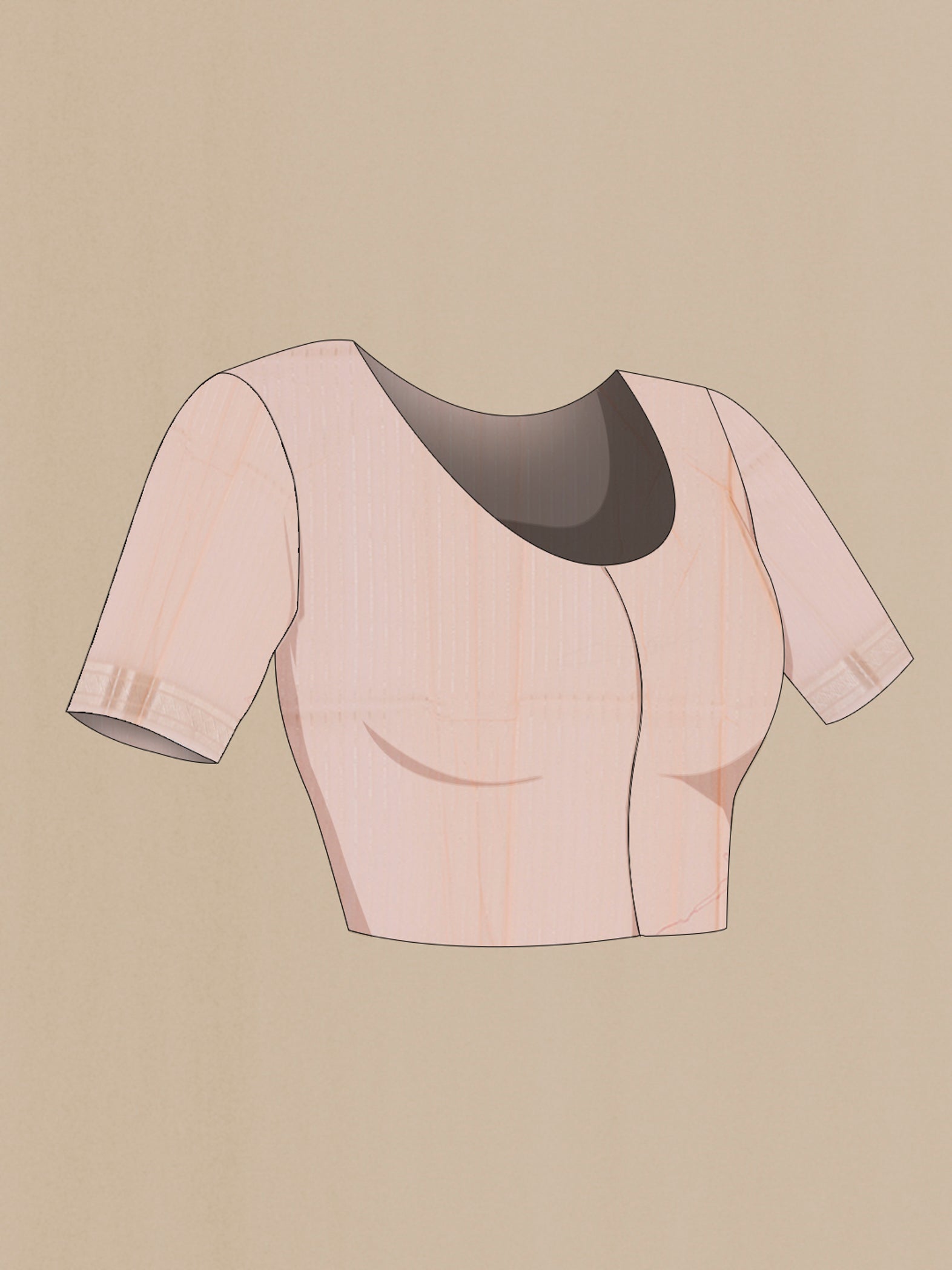 Close up image of the blouse of Peach Chanderi Silk Cotton Saree with Zari Butta on the body and Zari Border. 
