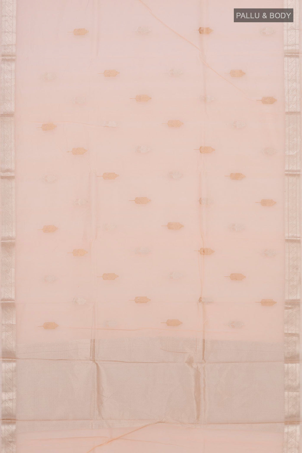 Flat view of Peach Chanderi Silk Cotton Saree with Zari Butta on the body and Zari Border. 