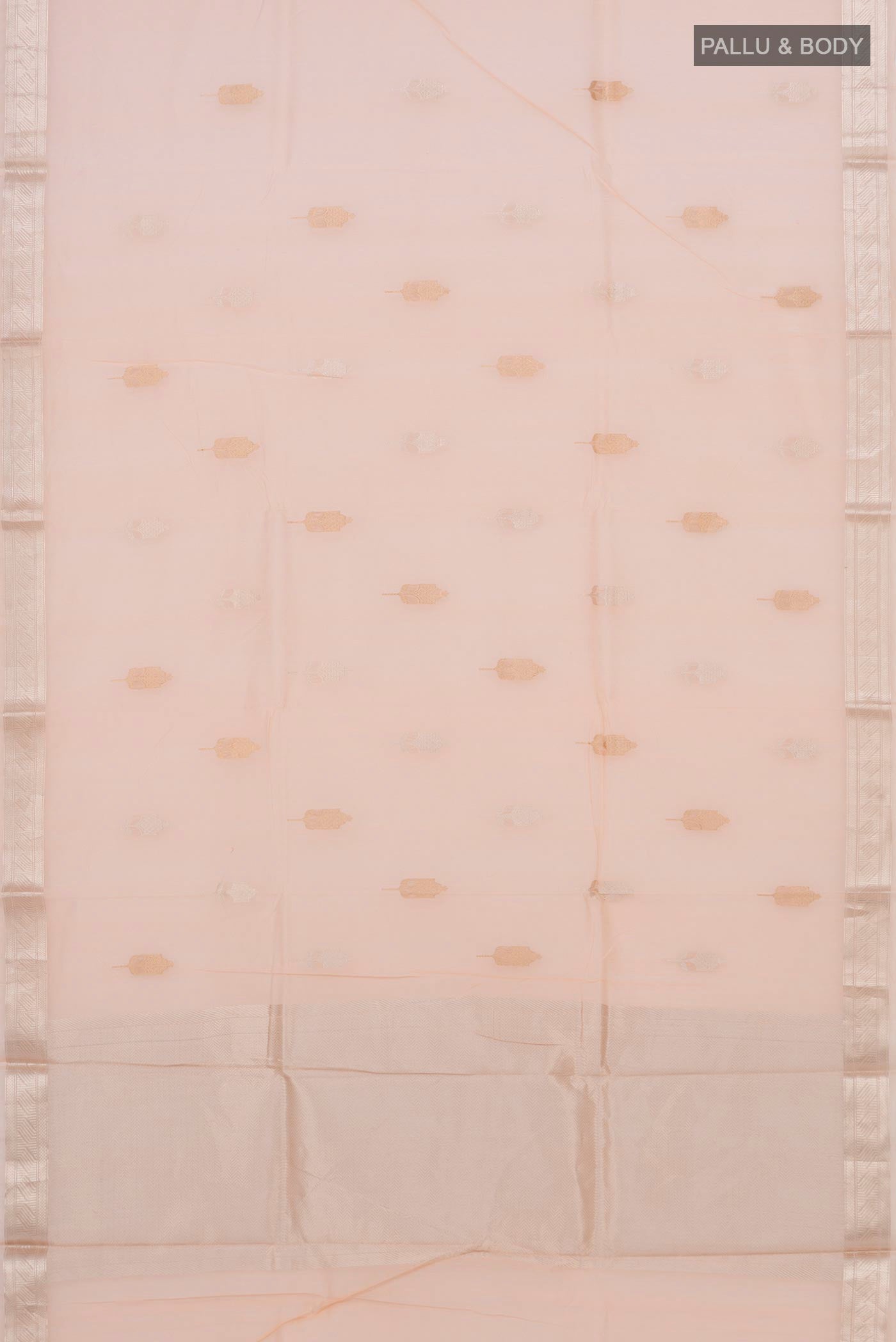 Flat view of Peach Chanderi Silk Cotton Saree with Zari Butta on the body and Zari Border. 