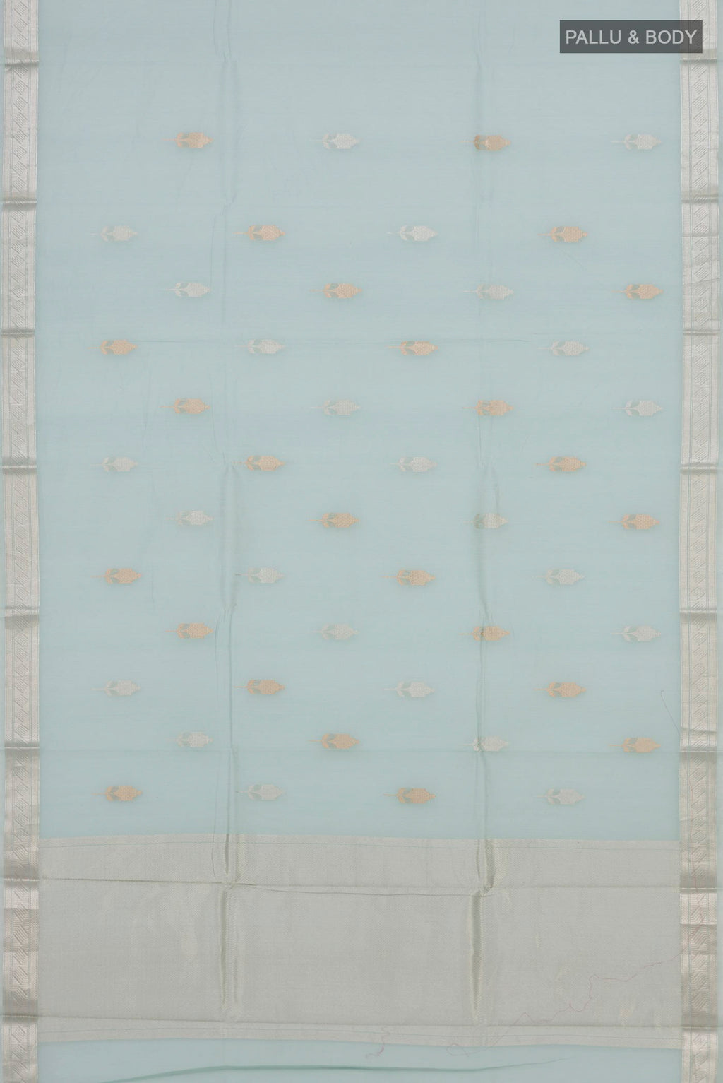 Flat view of Light Blue Chanderi Silk Cotton Saree with Zari Butta on the body and Zari Border. 