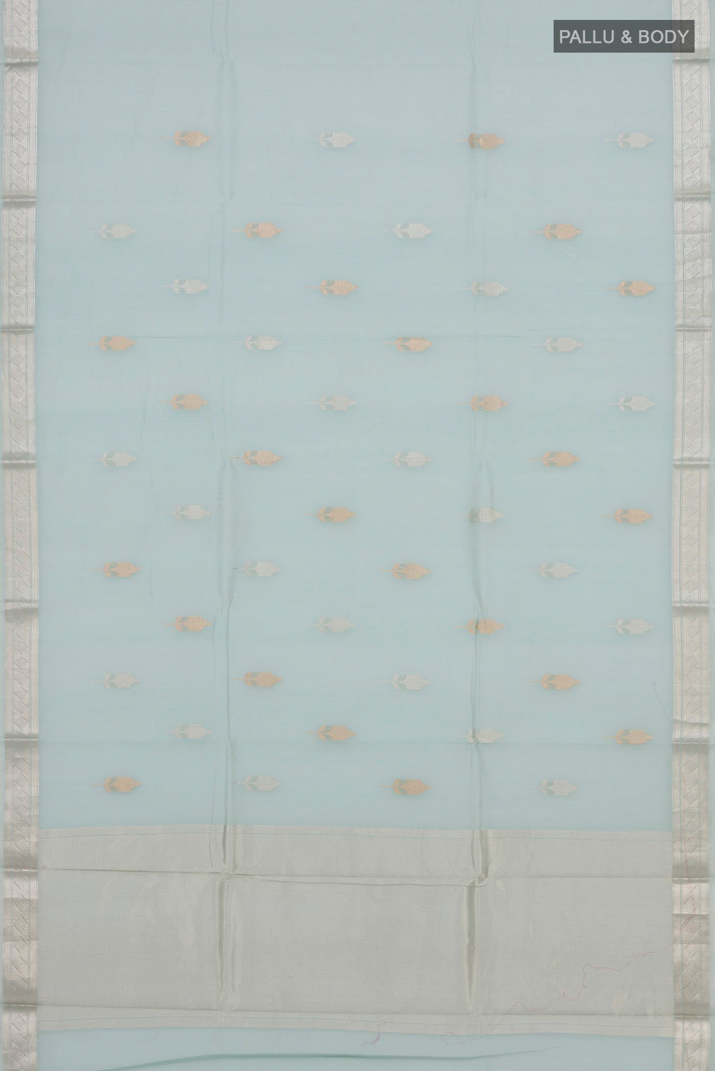Flat view of Light Blue Chanderi Silk Cotton Saree with Zari Butta on the body and Zari Border. 