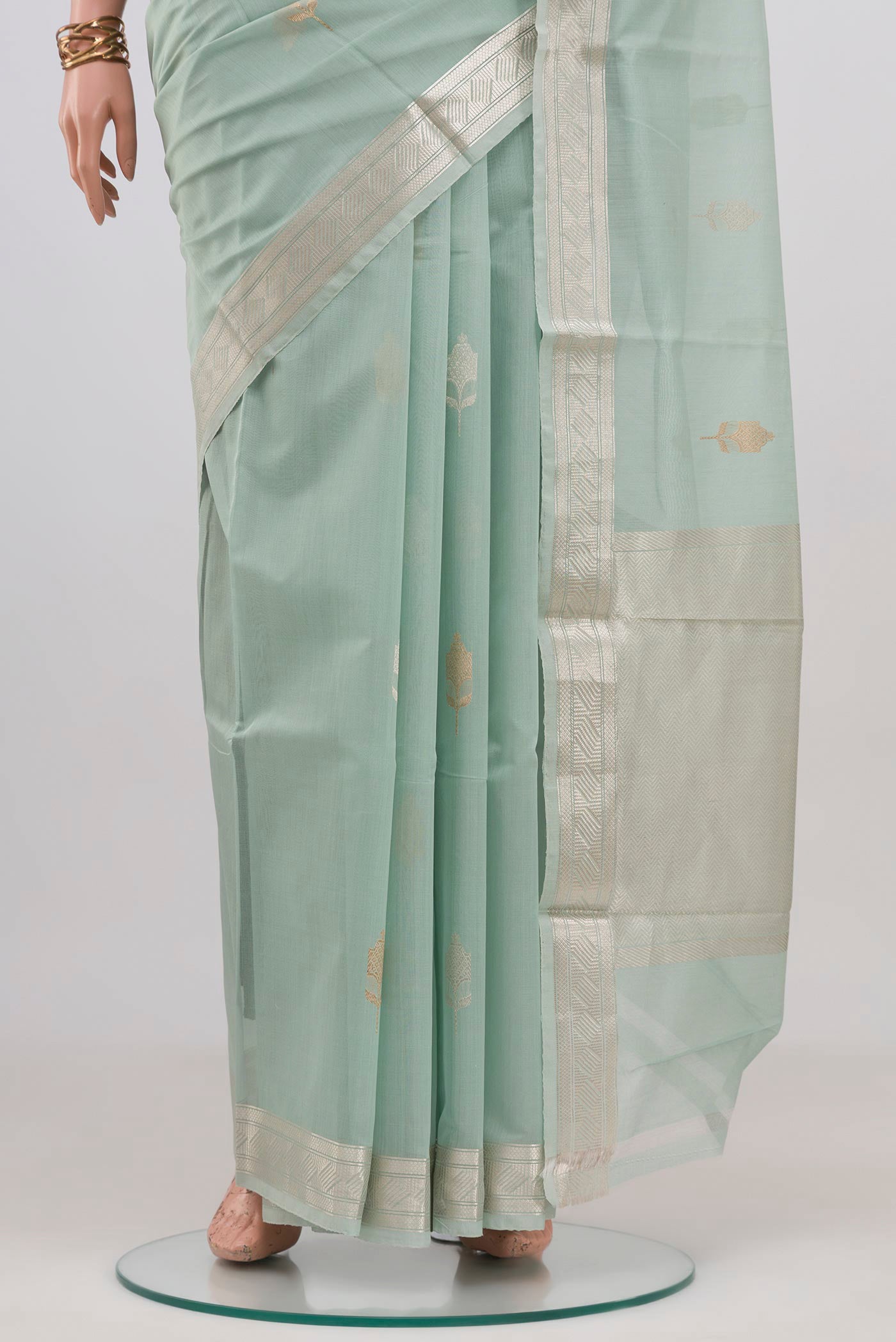Pleats and pallu of Light Blue Chanderi Silk Cotton Saree with Zari Butta on the body and Zari Border. 
