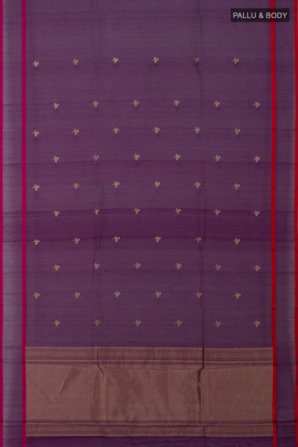 Flat view of Purple Banarasi Kora Cotton Saree with Zari Butta on the body and Plain Border. 