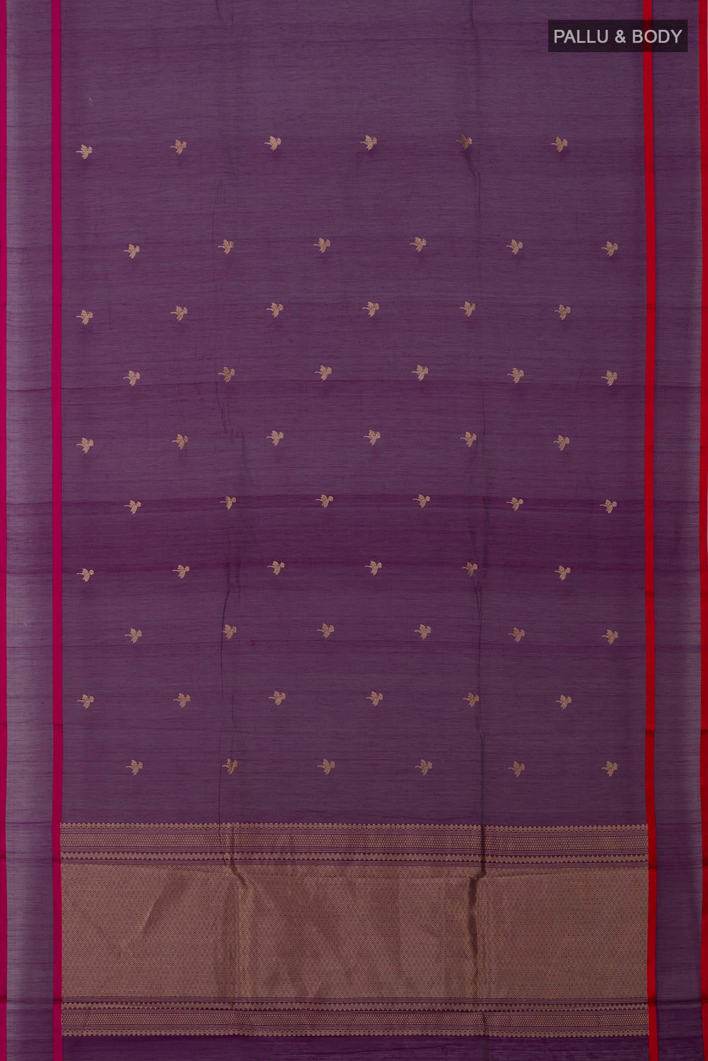 Flat view of Purple Banarasi Kora Cotton Saree with Zari Butta on the body and Plain Border. 