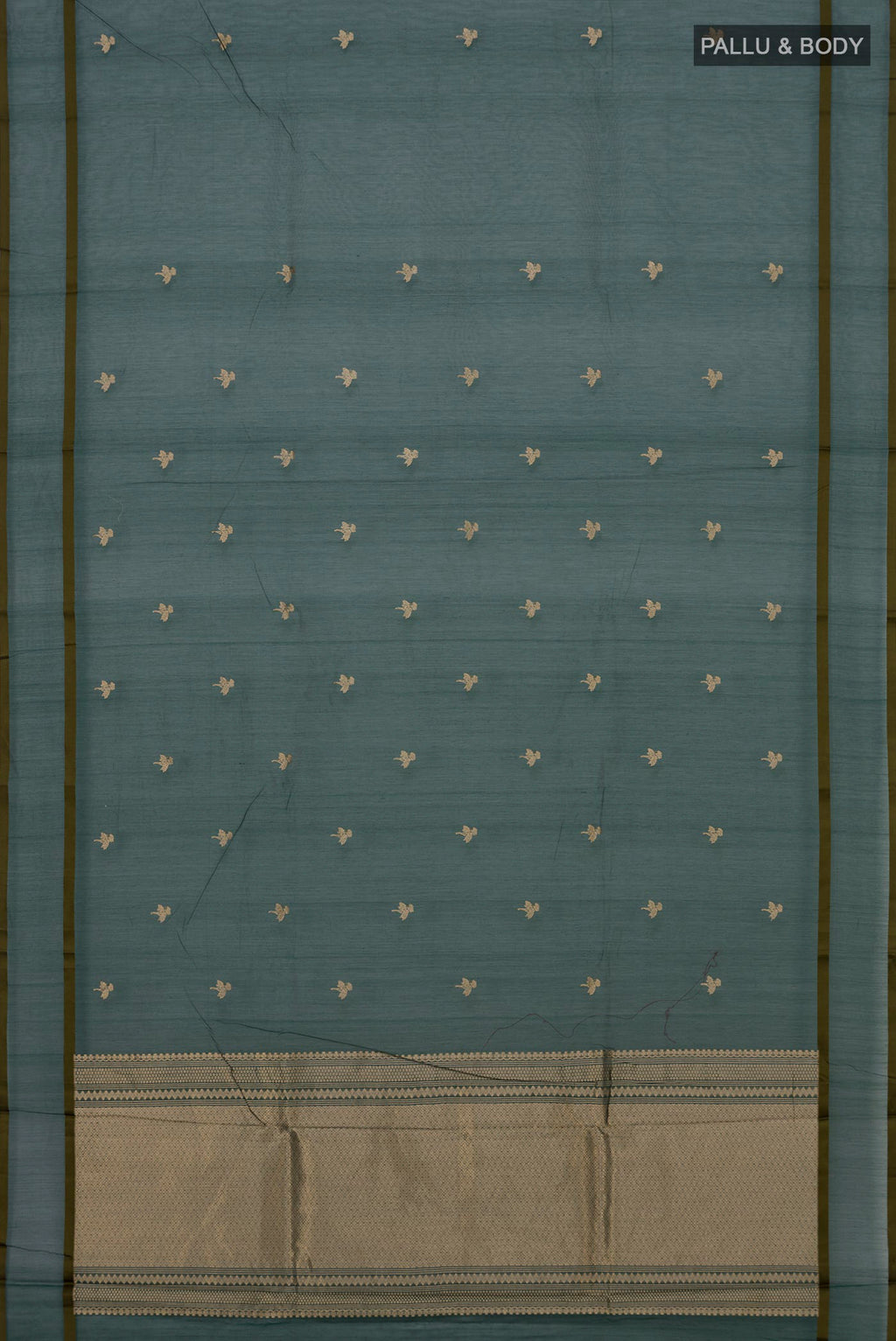 Flat view of Bottle Green Kora Cotton Saree with Zari Butta on the body and Thin Zari Line. 