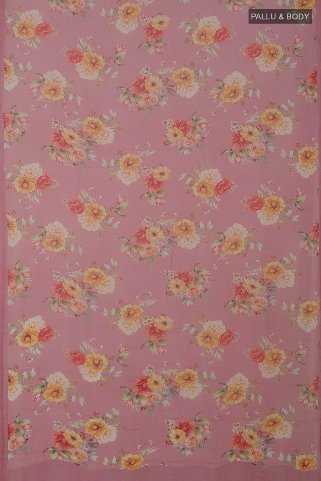 Flat view of Pink Chiffon Saree with Printed design on the body and Without Border. 