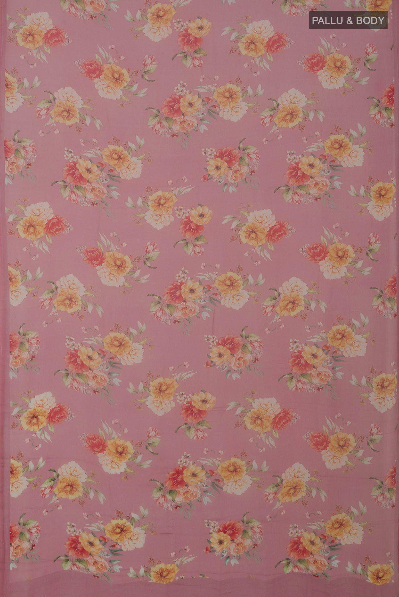 Flat view of Pink Chiffon Saree with Printed design on the body and Without Border. 