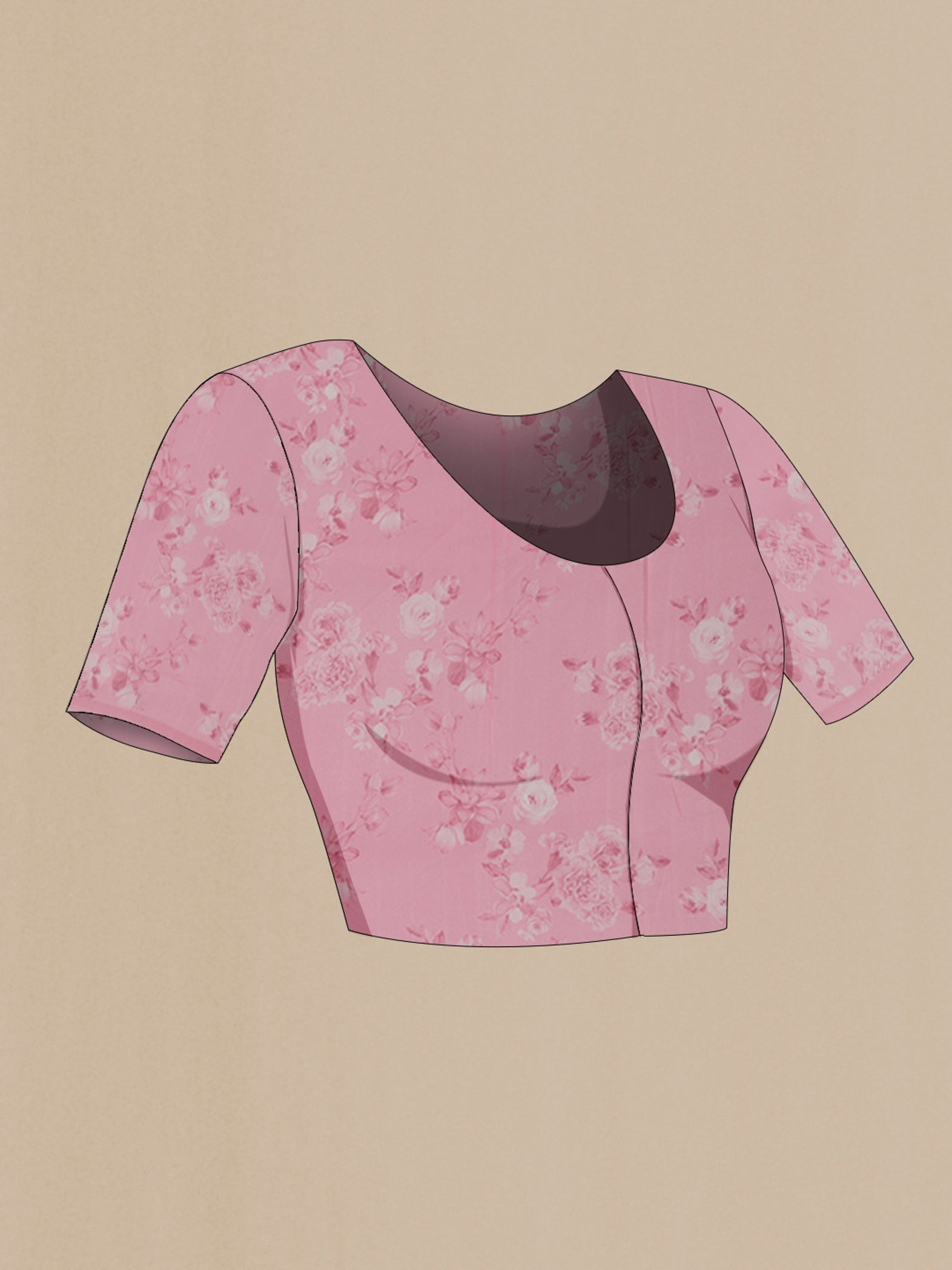 Close up image of the blouse of Pink Mysore Chiffon Saree with Floral Print on the body and Without Border. 