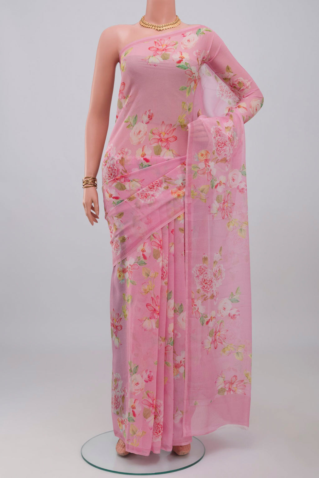 Pink Mysore Chiffon Saree with Floral Print on the body and Without Border.  displayed on a mannequin
