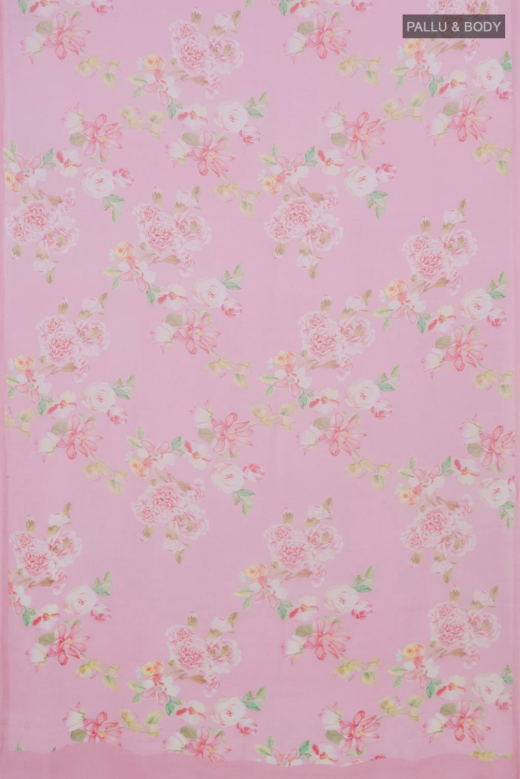 Flat view of Pink Mysore Chiffon Saree with Floral Print on the body and Without Border. 