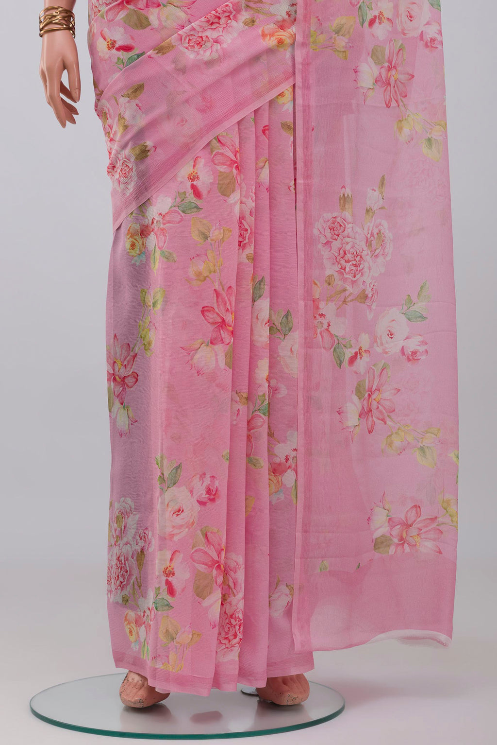 Pleats and pallu of Pink Mysore Chiffon Saree with Floral Print on the body and Without Border. 