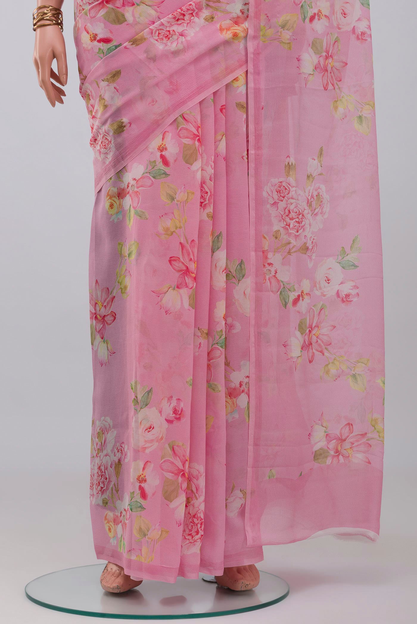 Pleats and pallu of Pink Mysore Chiffon Saree with Floral Print on the body and Without Border. 