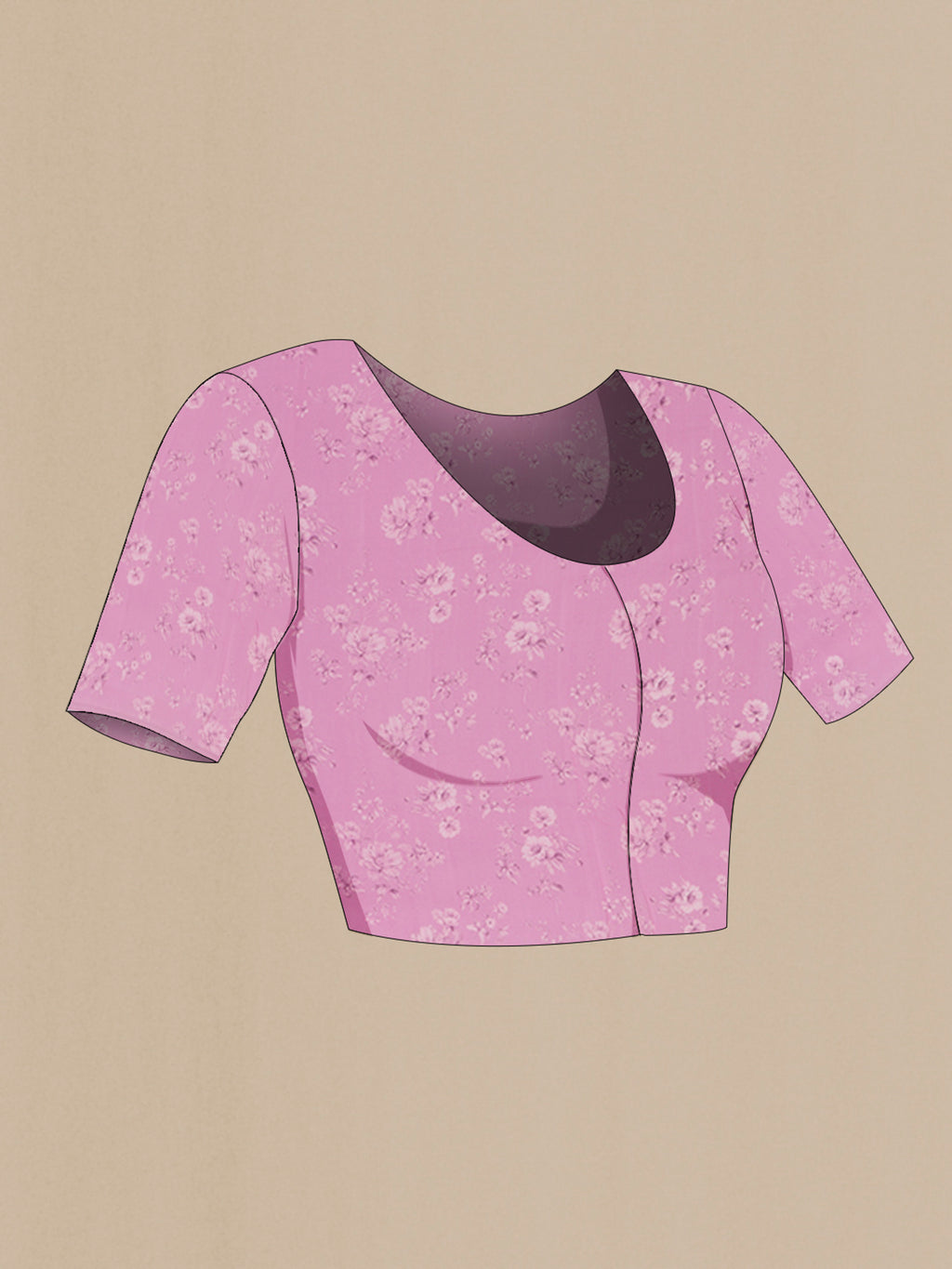 Close up image of the blouse of Pink Mysore Chiffon Saree with Floral Print on the body and Without Border. 