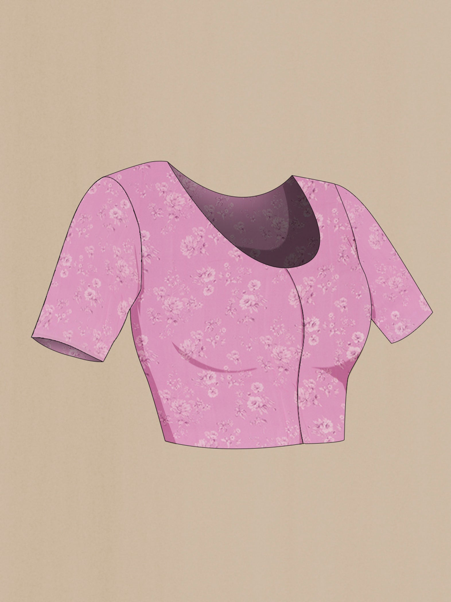 Close up image of the blouse of Pink Mysore Chiffon Saree with Floral Print on the body and Without Border. 