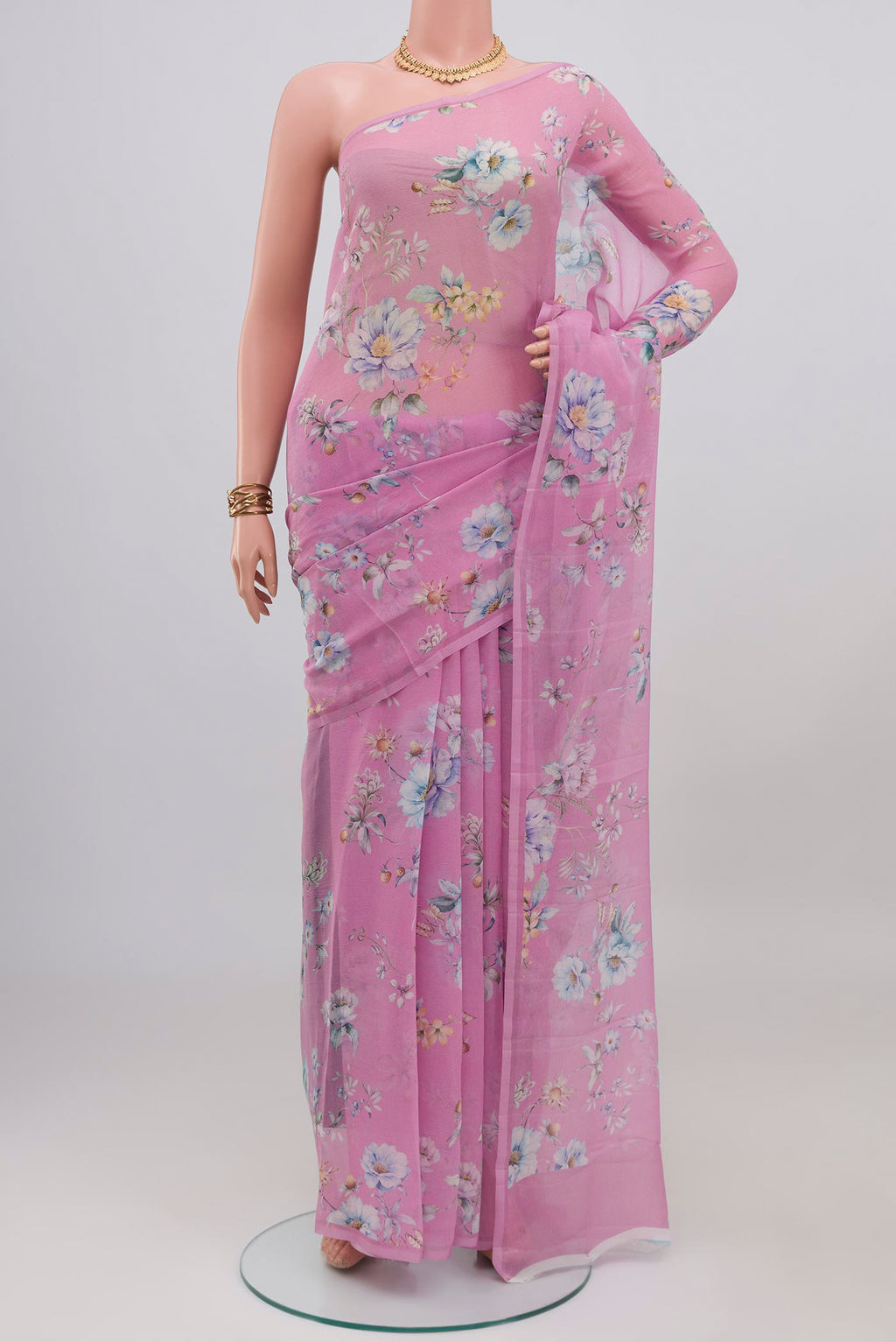 Pink Mysore Chiffon Saree with Floral Print on the body and Without Border.  displayed on a mannequin