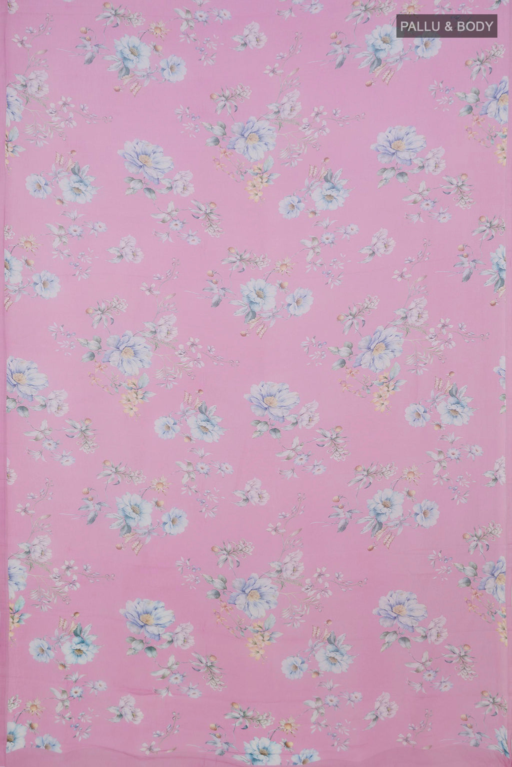 Flat view of Pink Mysore Chiffon Saree with Floral Print on the body and Without Border. 