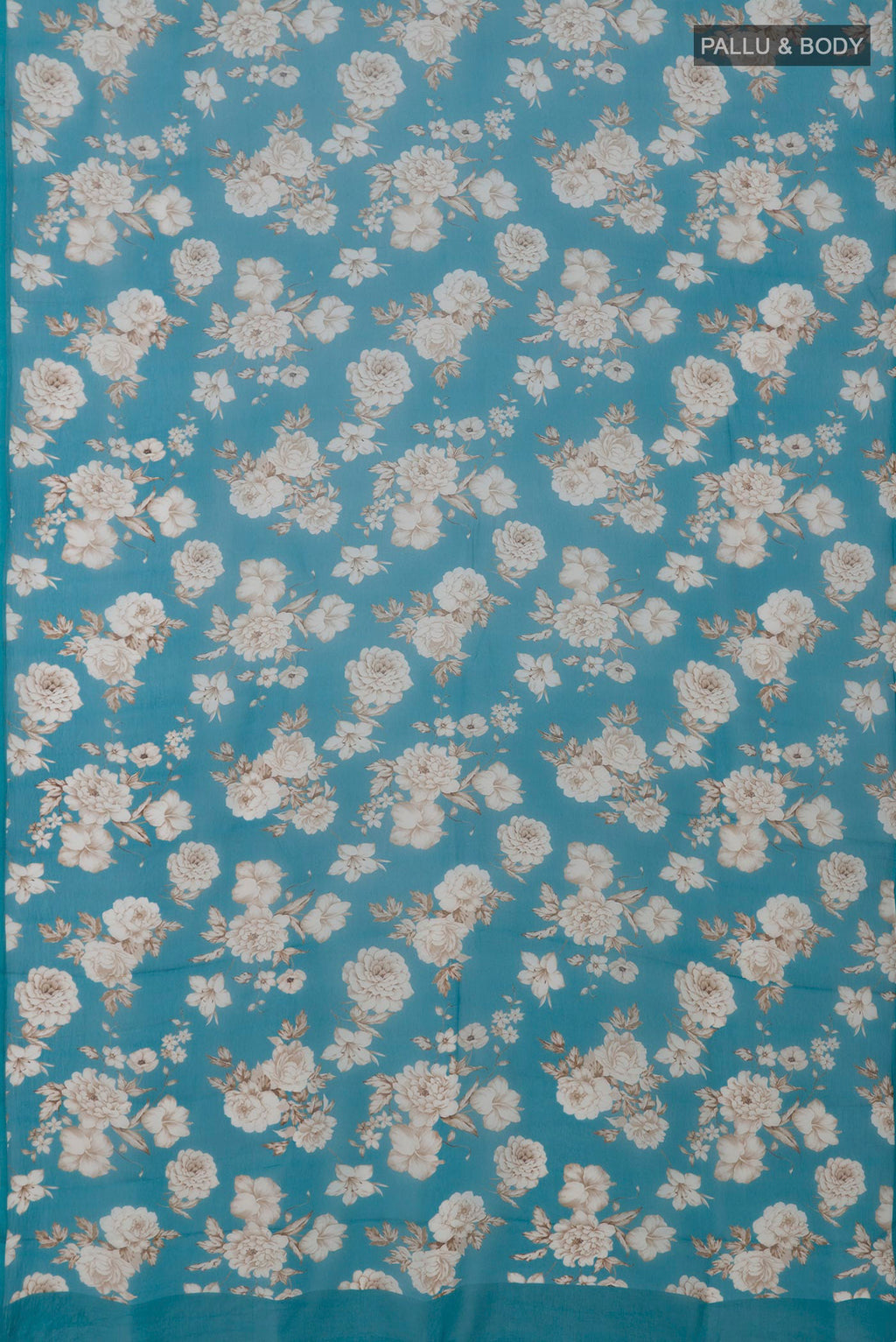 Flat view of Blue Chiffon Saree with Printed design on the body and Without Border. 
