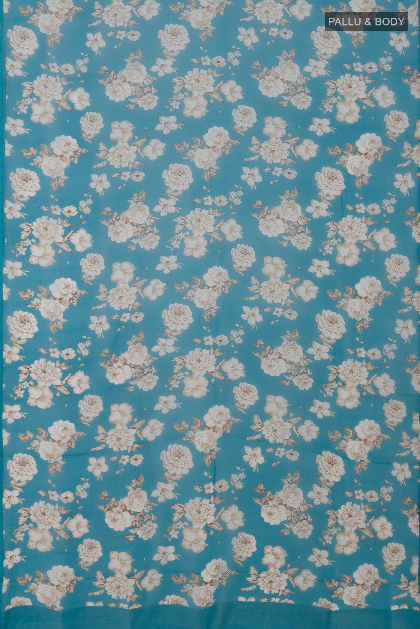 Flat view of Blue Chiffon Saree with Printed design on the body and Without Border. 