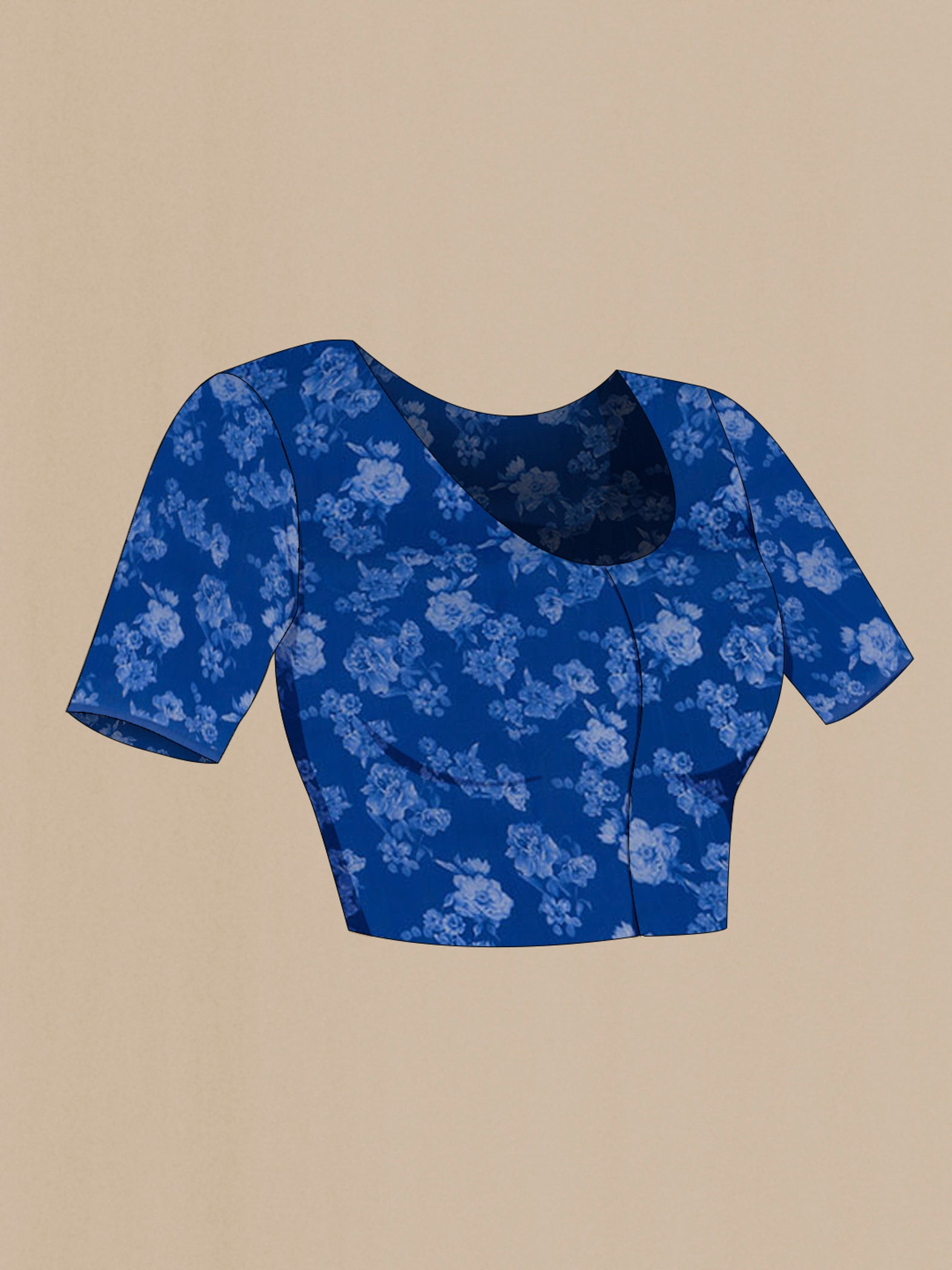 Close up image of the blouse of Royal Blue Mysore Chiffon Saree with Floral Print on the body and Without Border. 