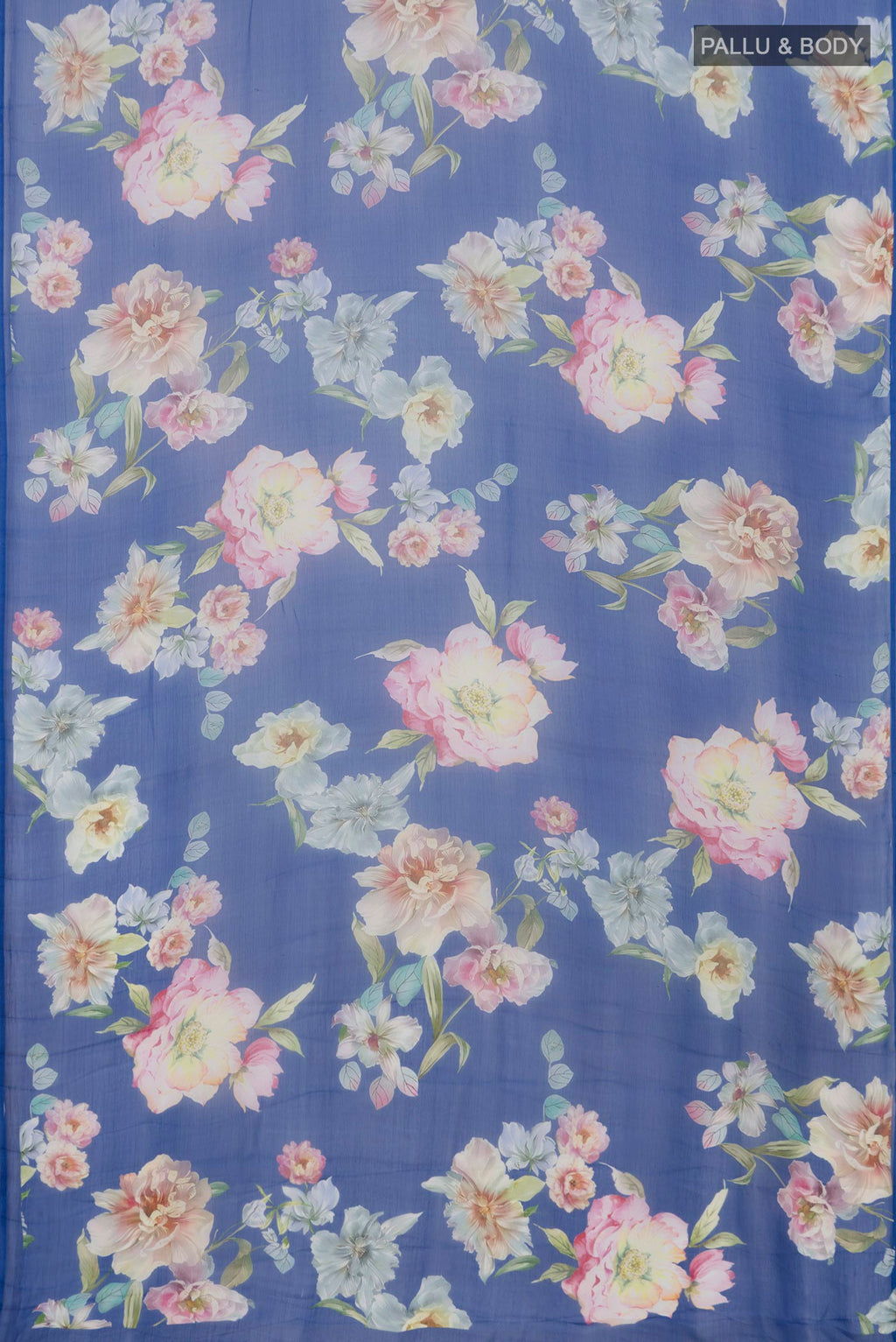 Flat view of Royal Blue Mysore Chiffon Saree with Floral Print on the body and Without Border. 