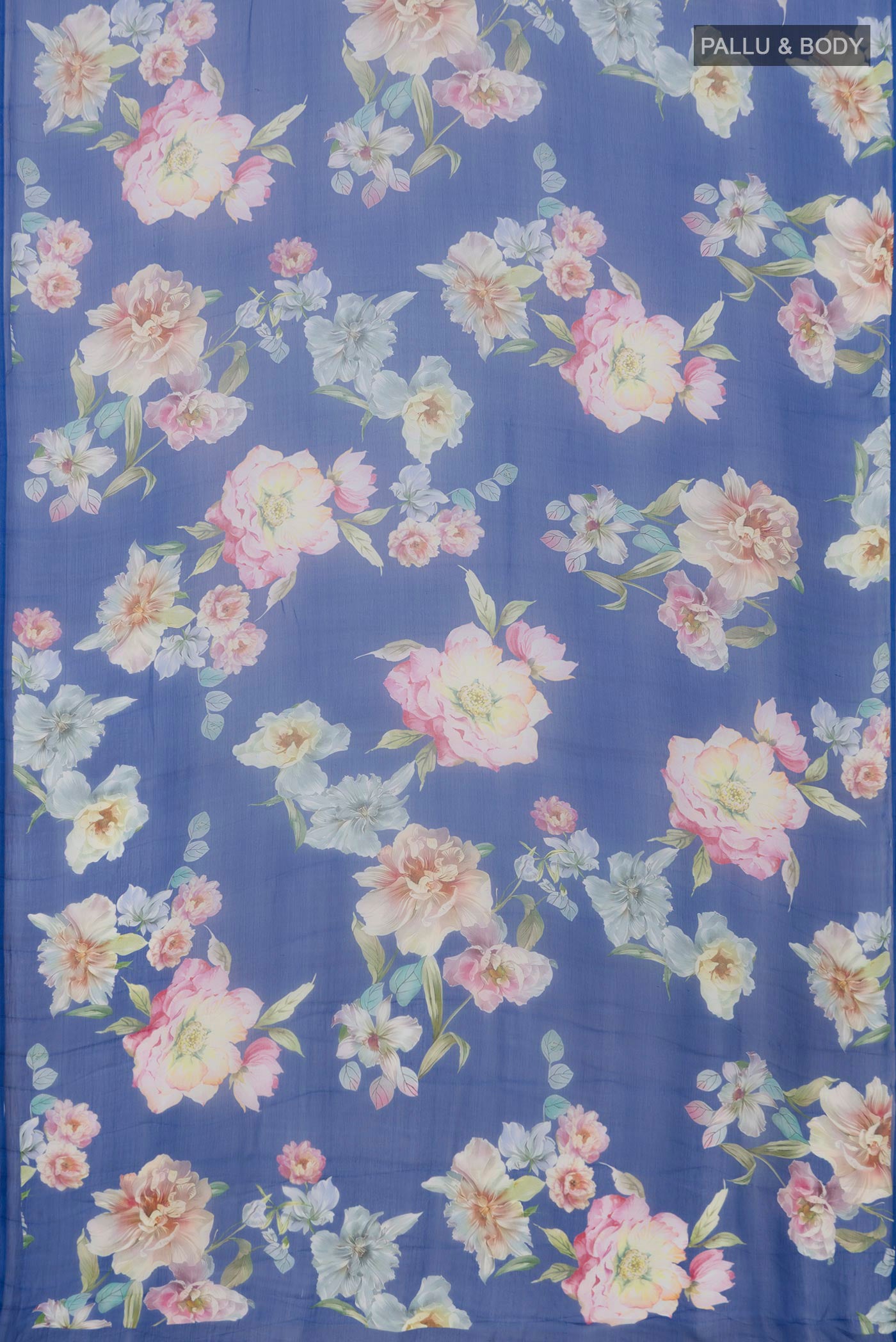 Flat view of Royal Blue Mysore Chiffon Saree with Floral Print on the body and Without Border. 