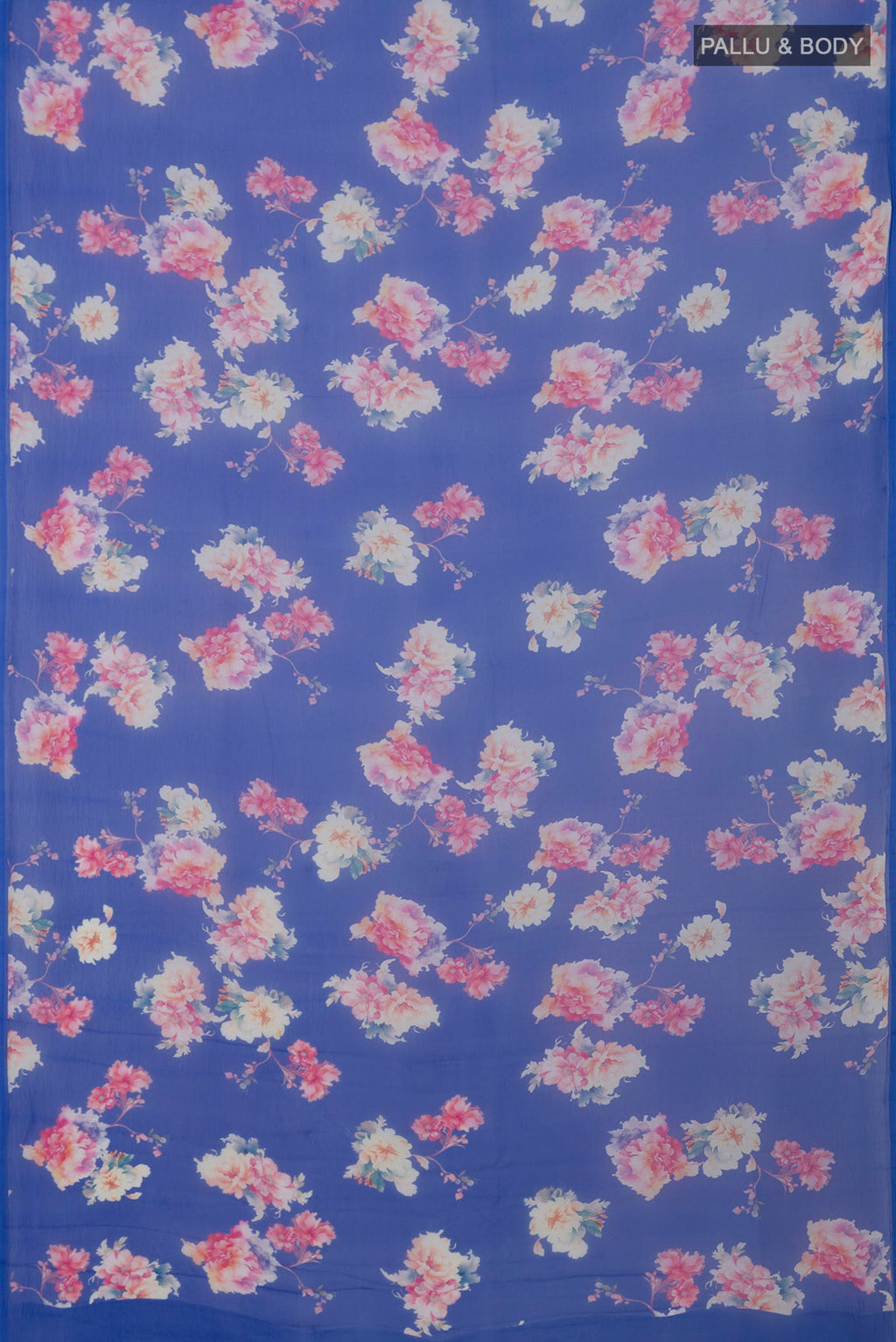 Flat view of Royal Blue Chiffon Saree with Floral Print on the body and Without Border. 