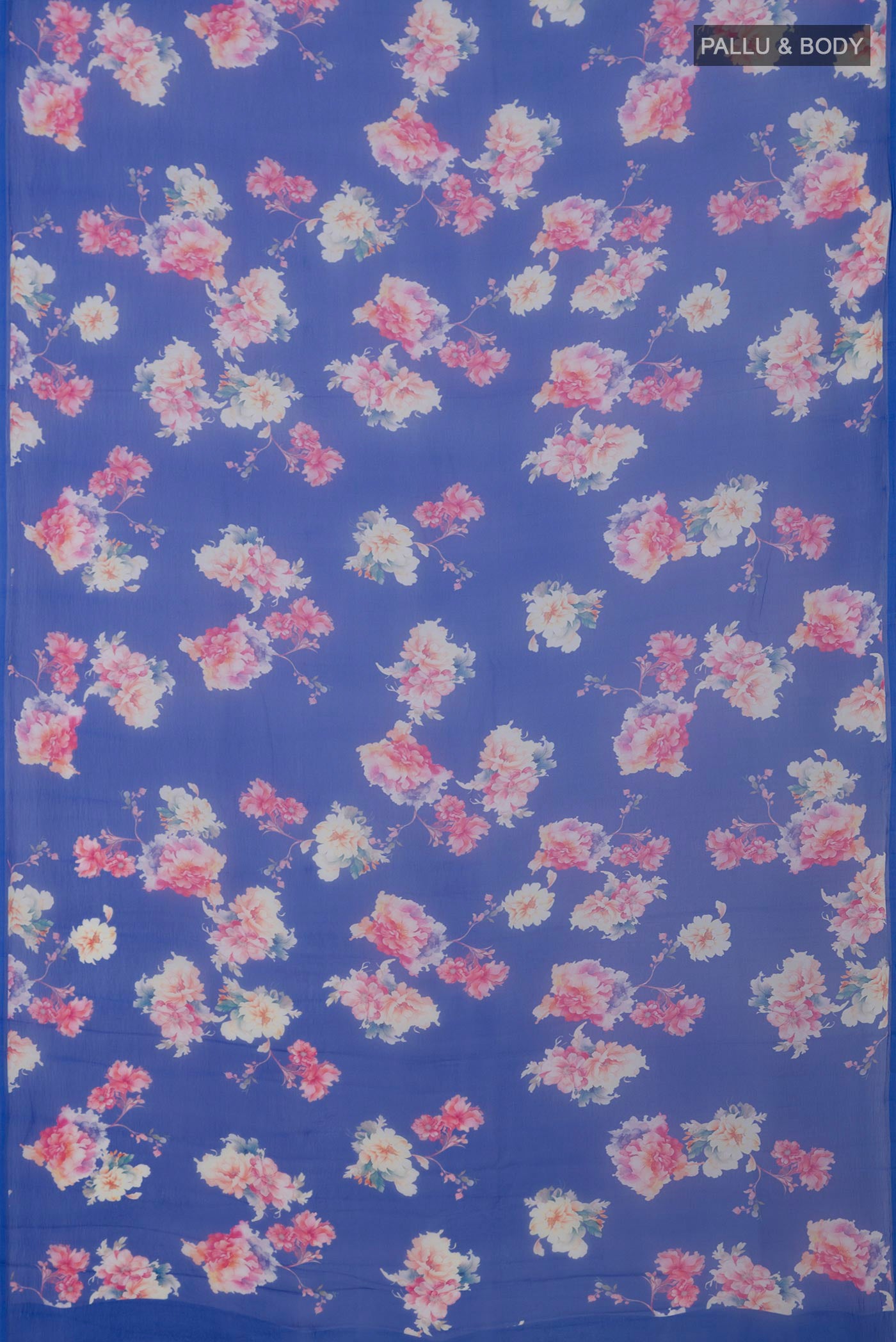 Flat view of Royal Blue Chiffon Saree with Floral Print on the body and Without Border. 