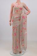 Grey Mysore Chiffon Saree with Floral Print on the body and Without Border.  displayed on a mannequin