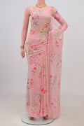 Rose pink Mysore Chiffon Saree with Floral Print on the body and Without Border.  displayed on a mannequin