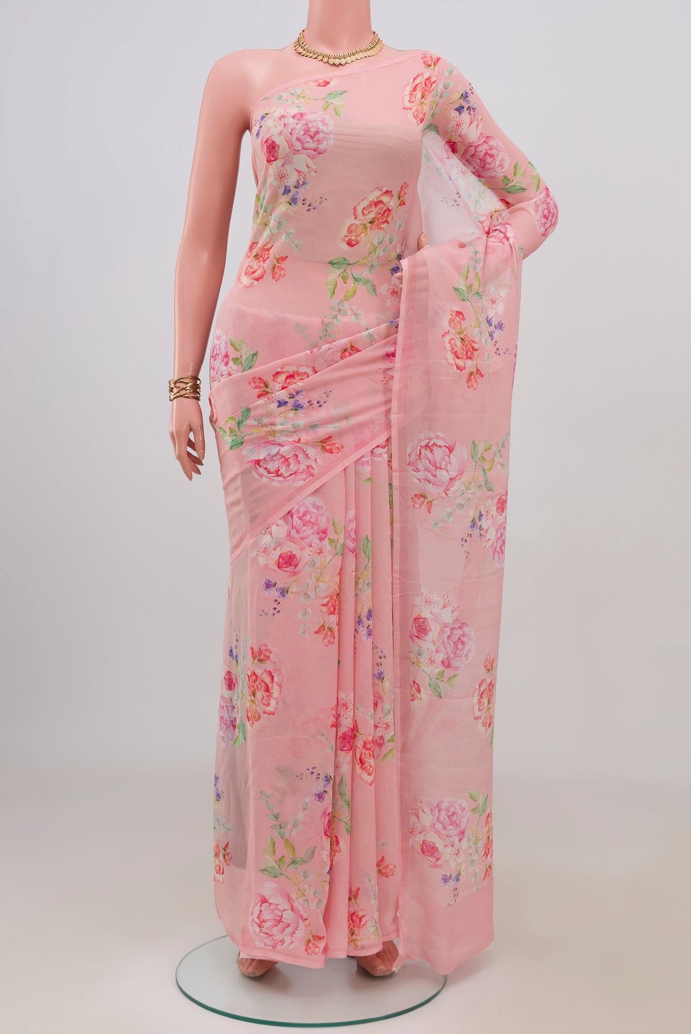Rose pink Mysore Chiffon Saree with Floral Print on the body and Without Border.  displayed on a mannequin