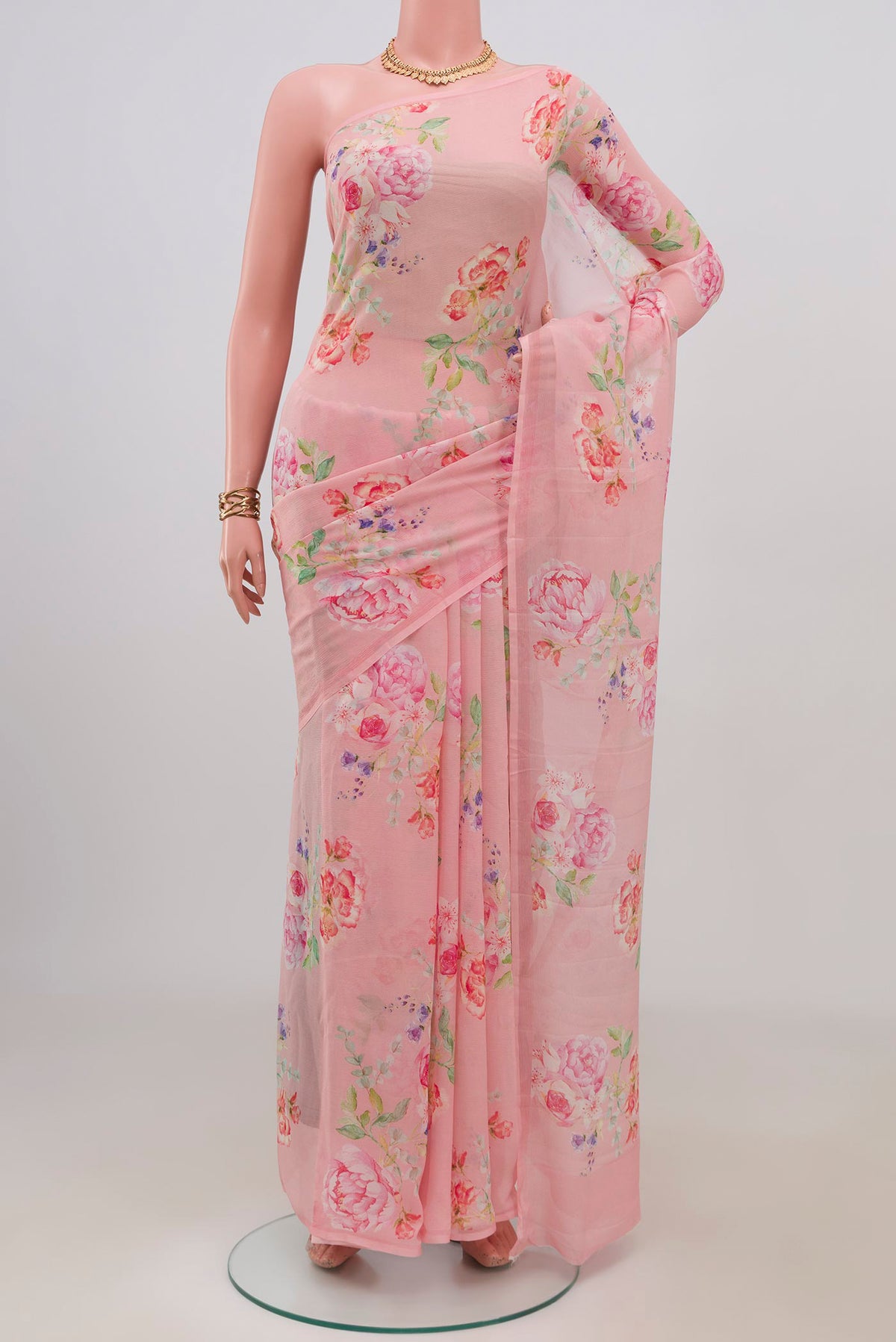 Rose pink Mysore Chiffon Saree with Floral Print on the body and Without Border.  displayed on a mannequin