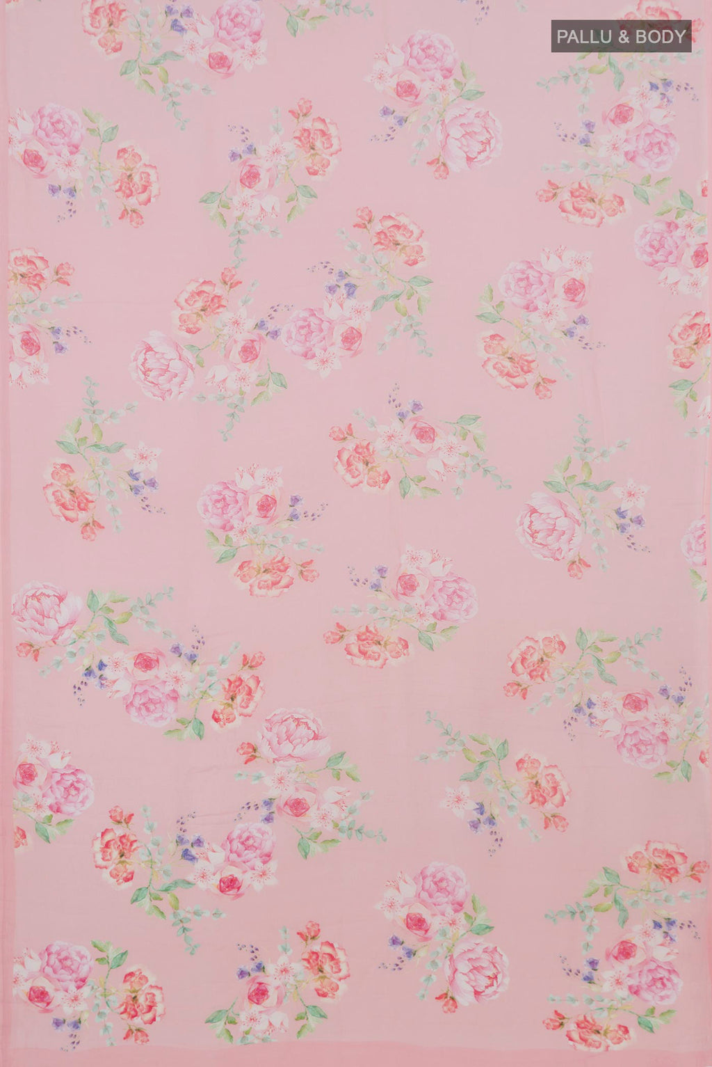 Flat view of Rose pink Mysore Chiffon Saree with Floral Print on the body and Without Border. 