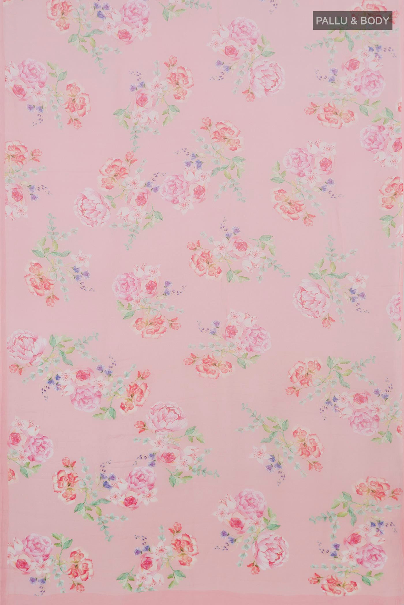 Flat view of Rose pink Mysore Chiffon Saree with Floral Print on the body and Without Border. 